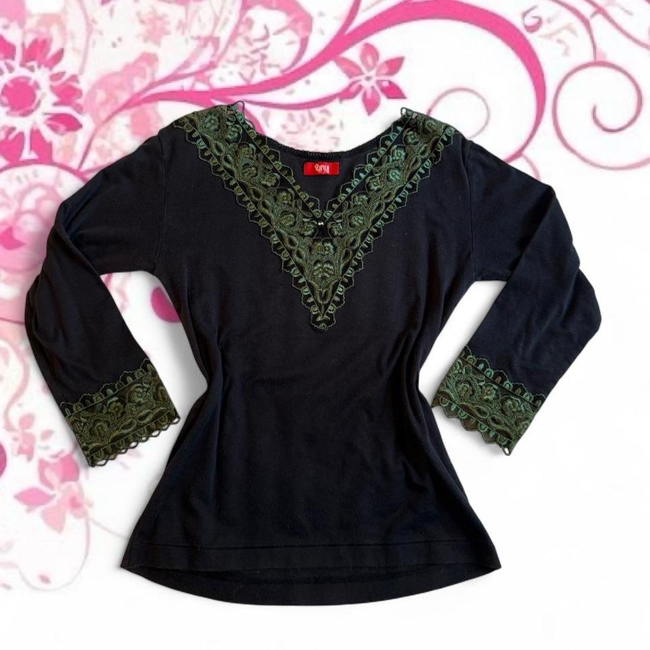 Lace Trim Beaded Long Sleeve Top