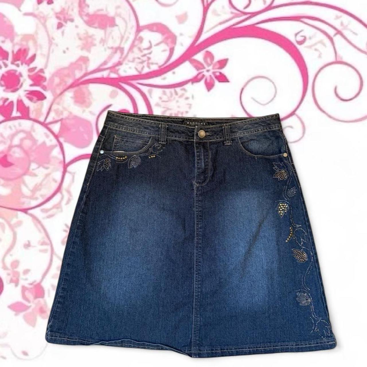 Baccini Embroidered Denim Midi Skirt